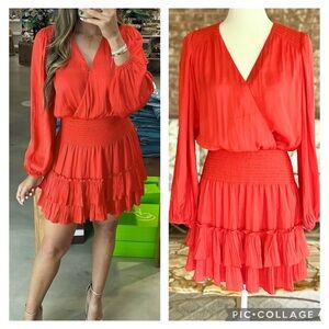 Current Air Anthro Dress Poppy Orange Smocked Tiered Mini S Wedding Brunch Boho